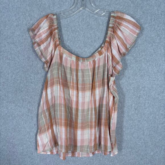 Lucky Brand Top Small Peach Blouse Tank Plaid Ruffle Flowy Rodeo Coastal Cowgirl - Picture 6 of 9